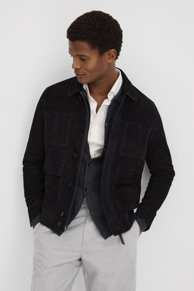 REISS THOMAS - NAVY SUEDE CHEST POCKET JACKET, XS