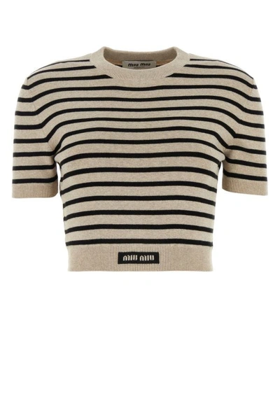 Miu Miu Striped Short Sleeved Knitted Top In Multicolor