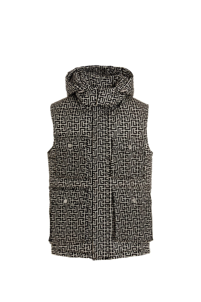 Balmain Ivory And Black Nylon Quilted Vest With  Monogram And Hood