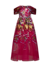 Marchesa Notte Off-the-shoulder Embroidered Charmeuse And Tulle Midi Dress In Fuchsia
