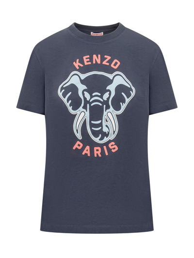 Kenzo Elephant-print Cotton T-shirt In Blue