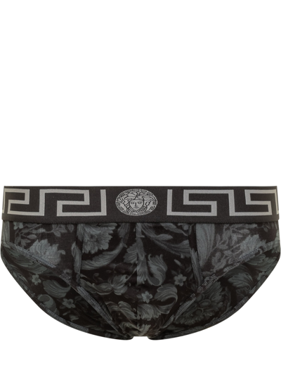Versace Barocco Briefs Underwear In Nero-grigio