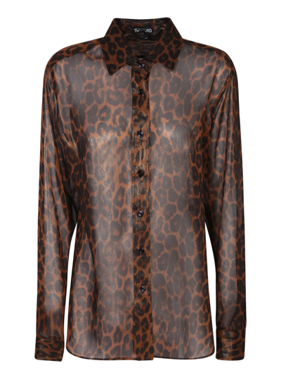 Tom Ford Laminated Leopard Print Button-front Blouse In Brown