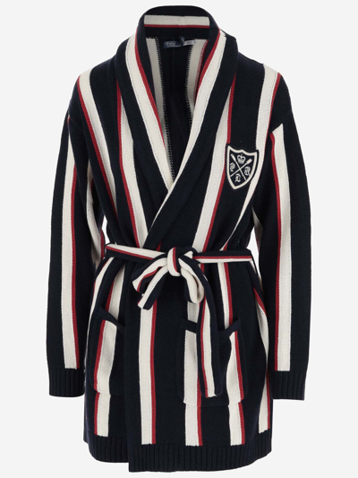 Polo Ralph Lauren Women's Stripe Linen-blend Patch Cardigan In Navy Red Stripe
