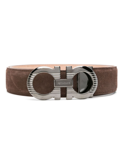 Ferragamo Gancini-buckle Suede Belt In Brown