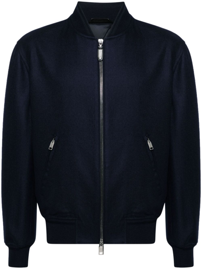 Brioni Wool And Silk Bomber Jacket In Blue