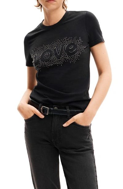Desigual Darwin Love Rhinestone Embellished Stretch Cotton T-shirt In Black