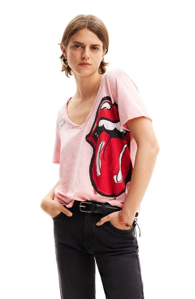 Desigual Rolling Stones Rhinestone Embellished Cotton Graphic T-shirt In Red