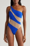 Norma Kamali Mio Snake Mesh One Shoulder One Piece Swimsuit In Electric Blue/ Nude