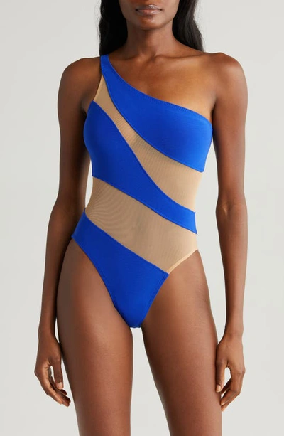 Norma Kamali Mio Snake Mesh One Shoulder One Piece Swimsuit In Electric Blue/ Nude