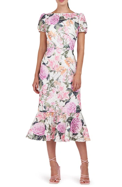 Kay Unger Floral-print Lace Flounce Midi Dress In Rose Violet