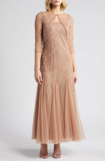 Pisarro Nights Beaded Gown With Long Sleeve Jacket In Dusty Rose