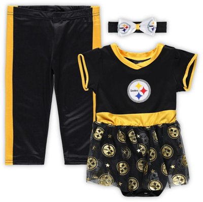 Jerry Leigh Babies' Girls Infant Black Pittsburgh Steelers Tailgate Game Day Bodysuit With Tutu, Headband & Leggings Che