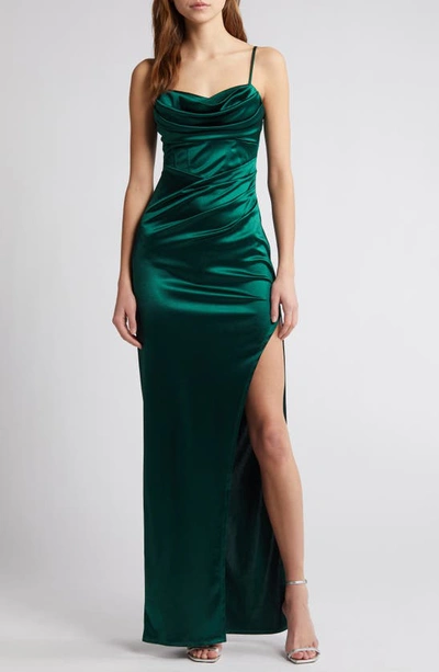 Love, Nickie Lew Ruched Side Slit Satin Gown In Hunter