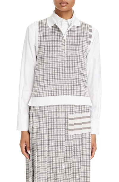 Thom Browne 4-bar Checked Silk And Cotton Top In Light Grey