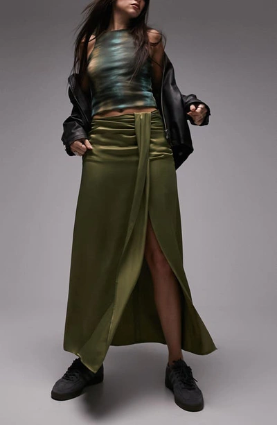 Topshop Ruched Front Vent Satin Maxi Skirt In Light Green