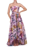 KAY UNGER KAY UNGER EVANGELINE FLORAL STRAPLESS HIGH-LOW GOWN