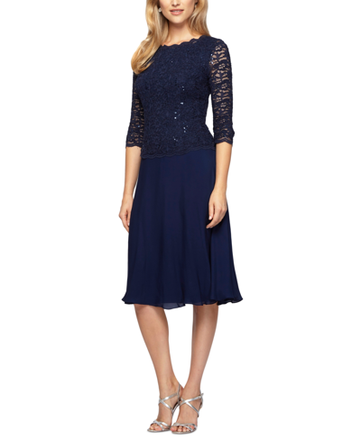 Alex Evenings Petite Cowl-back Tea-length Dress In Navy