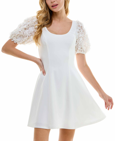 City Studios Juniors' Embellished Puff-sleeve Fit & Flare Dress In Ivory