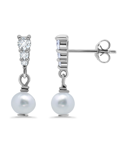 Macy's White Freshwater Pearl And Cubic Zirconia Drop Earring In Silver