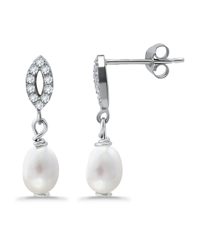 Macy's White Oval Freshwater Pearl And Pave Cubic Zirconia Drop Earring In Silver