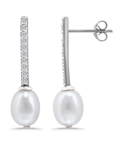 Macy's White Freshwater Pearl And Cubic Zirconia Bar Drop Earring In Silver