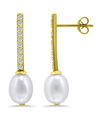 Macy's White Freshwater Pearl And Cubic Zirconia Bar Drop Earring In Gold