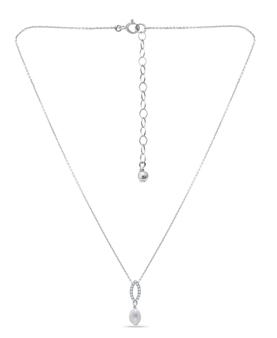 Macy's White Freshwater Pearl And Pave Cubic Zirconia Pendant Necklace In Silver