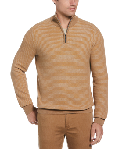 Perry Ellis Men's Micro Check Quarter-zip Sweater In Camel Heather