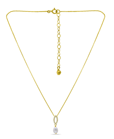 Macy's White Freshwater Pearl And Pave Cubic Zirconia Pendant Necklace In Gold