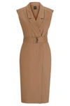 Hugo Boss Belted Wrap Dress In A Linen Blend In Beige