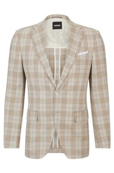 Hugo Boss Slim-fit Jacket In Virgin Wool, Cotton And Linen In Khaki