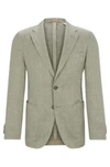 Hugo Boss Slim-fit Blazer In Herringbone Linen And Silk In Light Green