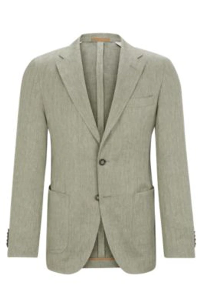Hugo Boss Slim-fit Jacket In Herringbone Linen And Silk In Light Green
