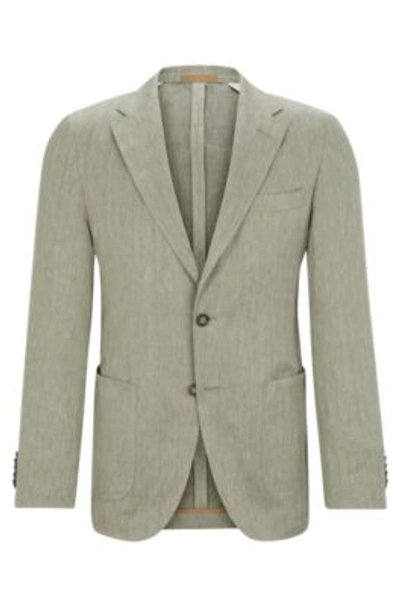 Hugo Boss Slim-fit Blazer In Herringbone Linen And Silk In Light Green