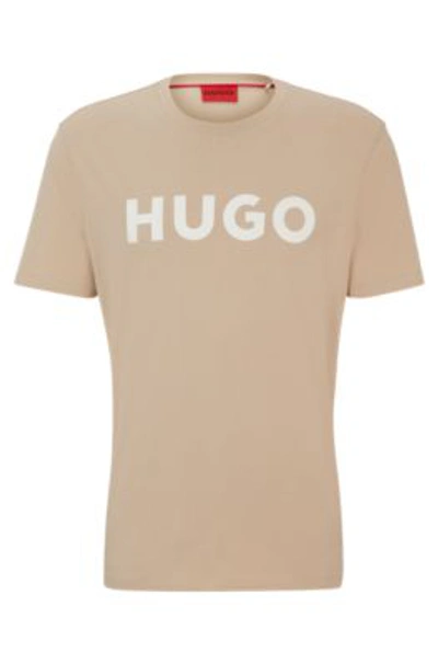 Hugo Cotton-jersey Regular-fit T-shirt With Contrast Logo In Beige