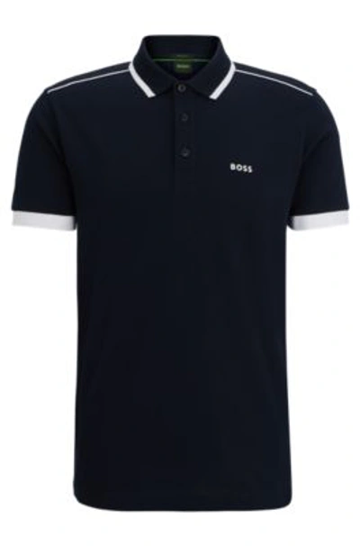 Hugo Boss Cotton-piqu Polo Shirt With Contrast Stripes And Logo In Dark Blue