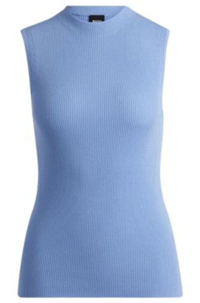 Hugo Boss Sleeveless Mock-neck Top With Ribbed Structure In Blue