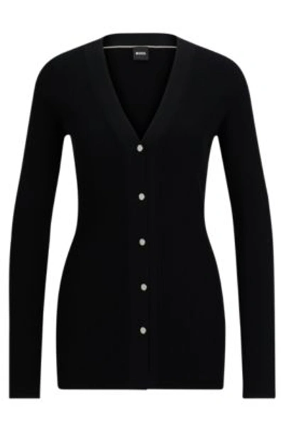 Hugo Boss Ribbed Cardigan With Metal Buttons And V-neckline In Black
