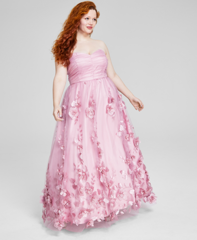 Bcx Trendy Plus Size Sweetheart-neck Strapless 3d-floral Gown In Pink