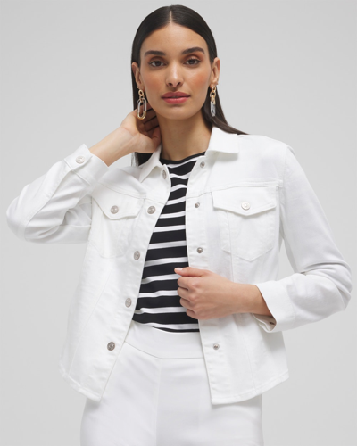 Chico's No Stain Cropped Shirttail Denim Jacket In White Size Large |