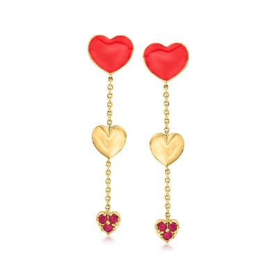 Ross-simons Ruby And Red Enamel Heart Drop Earrings In 18kt Gold Over Sterling