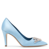 MANOLO BLAHNIK PALOS 90 LIGHT BLUE SATIN PUMPS