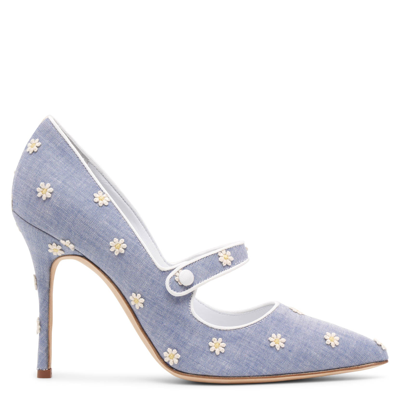 Manolo Blahnik Camparinew 105 Daisy Chambray Pumps In Denim