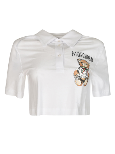 Moschino Logo Printed Cropped Polo Shirt In White