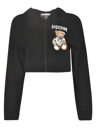 Moschino Logo Bear Cropped Zip Hoodie In Black