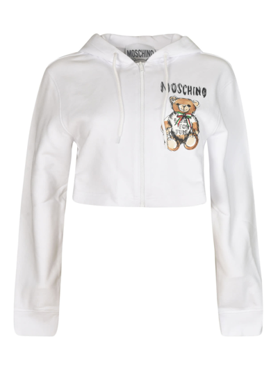 Moschino Logo Bear Cropped Zip Hoodie In White