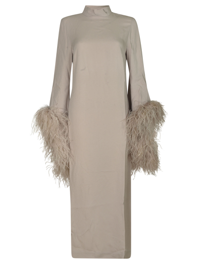 Taller Marmo Feathered Cuff Long Dress In Silver