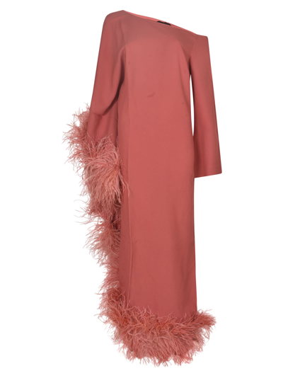 TALLER MARMO FEATHERED CUFF ONE-SHOULDER LONG DRESS