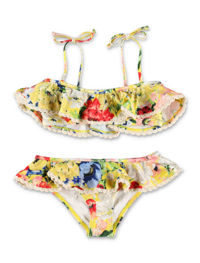 Zimmermann Kids' Alight Trim Frill Bikini In Yellow Floral